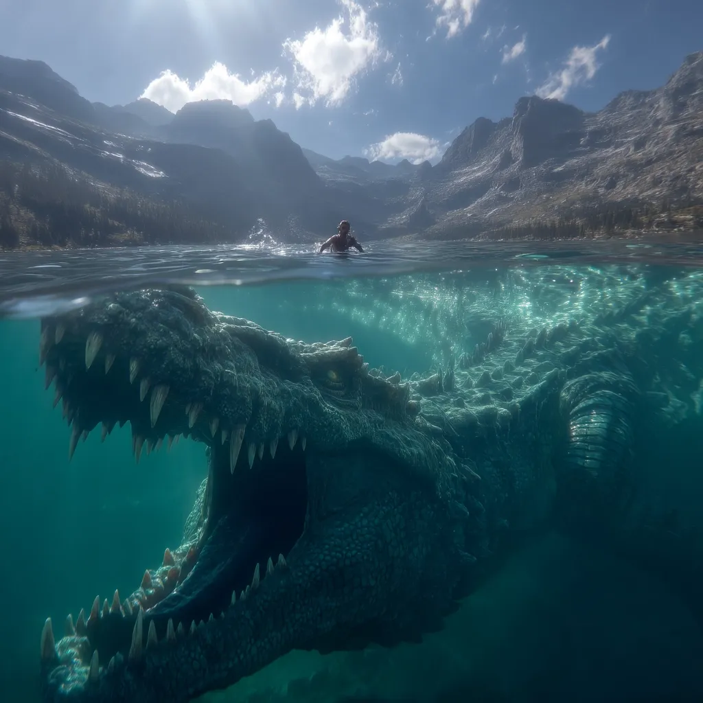 A person swims in a calm lake, seemingly unaware of a colossal, monstrous crocodile lurking beneath the surface. The creature's massive jaws are open, revealing rows of sharp teeth.  Towering mountains form a dramatic backdrop to this surreal, underwater scene.  The contrast between the serene surface and the lurking danger creates a captivating and slightly unsettling image.