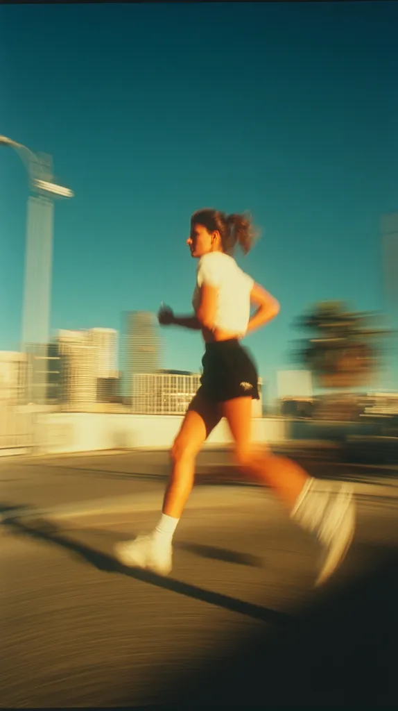 A young woman with her hair in a ponytail runs at speed across a city rooftop. The image is motion blurred, emphasizing her dynamic movement.  She wears a white short-sleeved shirt and dark shorts, with white socks and light-colored athletic shoes.  Tall buildings form a hazy backdrop under a clear blue sky, suggesting an urban setting. The warm sunlight casts a golden hue on the scene.