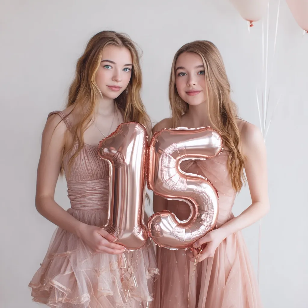 Two teenage girls in blush-pink dresses pose together, holding rose gold number 15 balloons.  They appear to be celebrating a quinceañera or fifteenth birthday.  The backdrop is a simple white wall with some out-of-focus balloons.  The girls smile sweetly at the camera.  Their dresses are elegant and flowy.