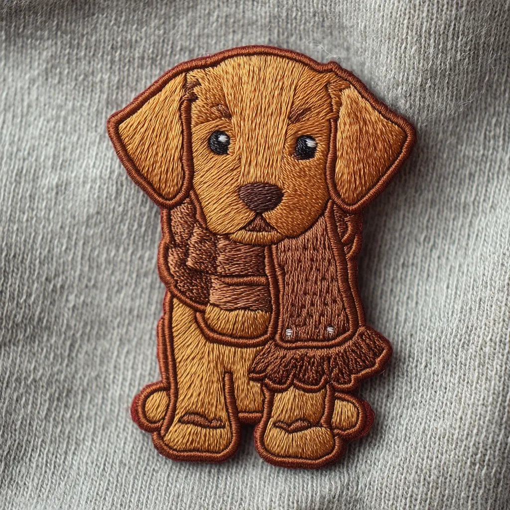 A meticulously embroidered patch depicts a charming, golden-brown puppy.  The puppy is adorably rendered, wearing a brown scarf, its features delicately stitched with varying shades of brown thread. The patch is displayed on a soft, grey knitted fabric background, highlighting its intricate detail and rich colors.  The overall effect is a sweet and endearing image.