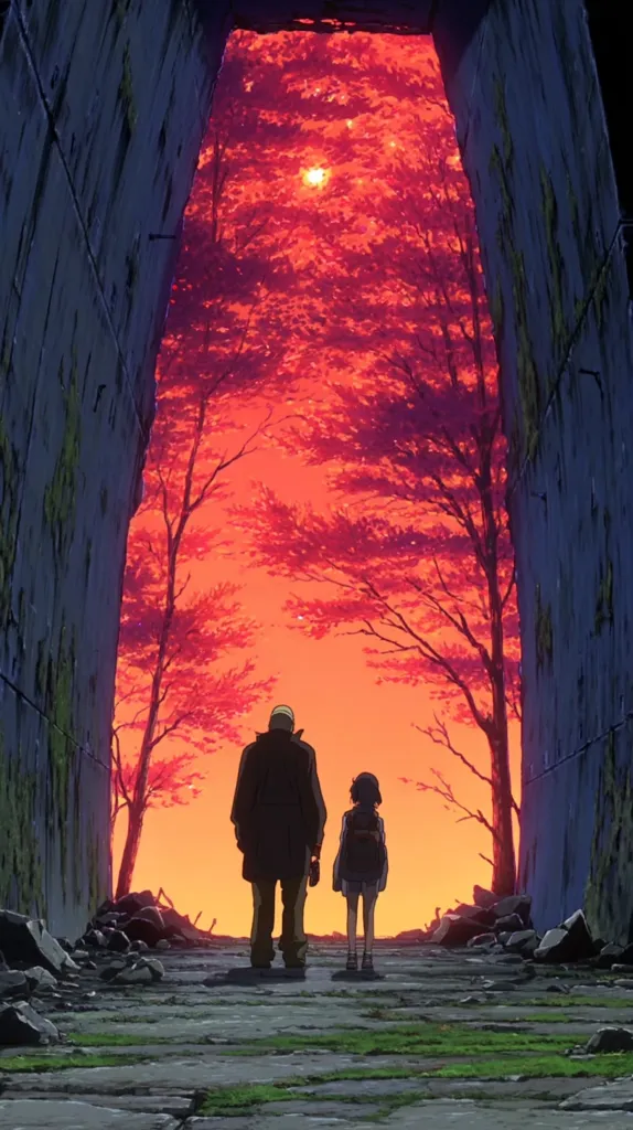 A man and a young girl walk down a rubble-strewn path framed by a decaying concrete structure.  The vibrant, almost surreal sunset casts a fiery orange glow on the barren landscape, silhouetted by leafless trees.  The scene evokes a post-apocalyptic or dystopian setting, with the figures appearing small against the vast, dramatic sky.  The overall mood is melancholic yet strangely beautiful.