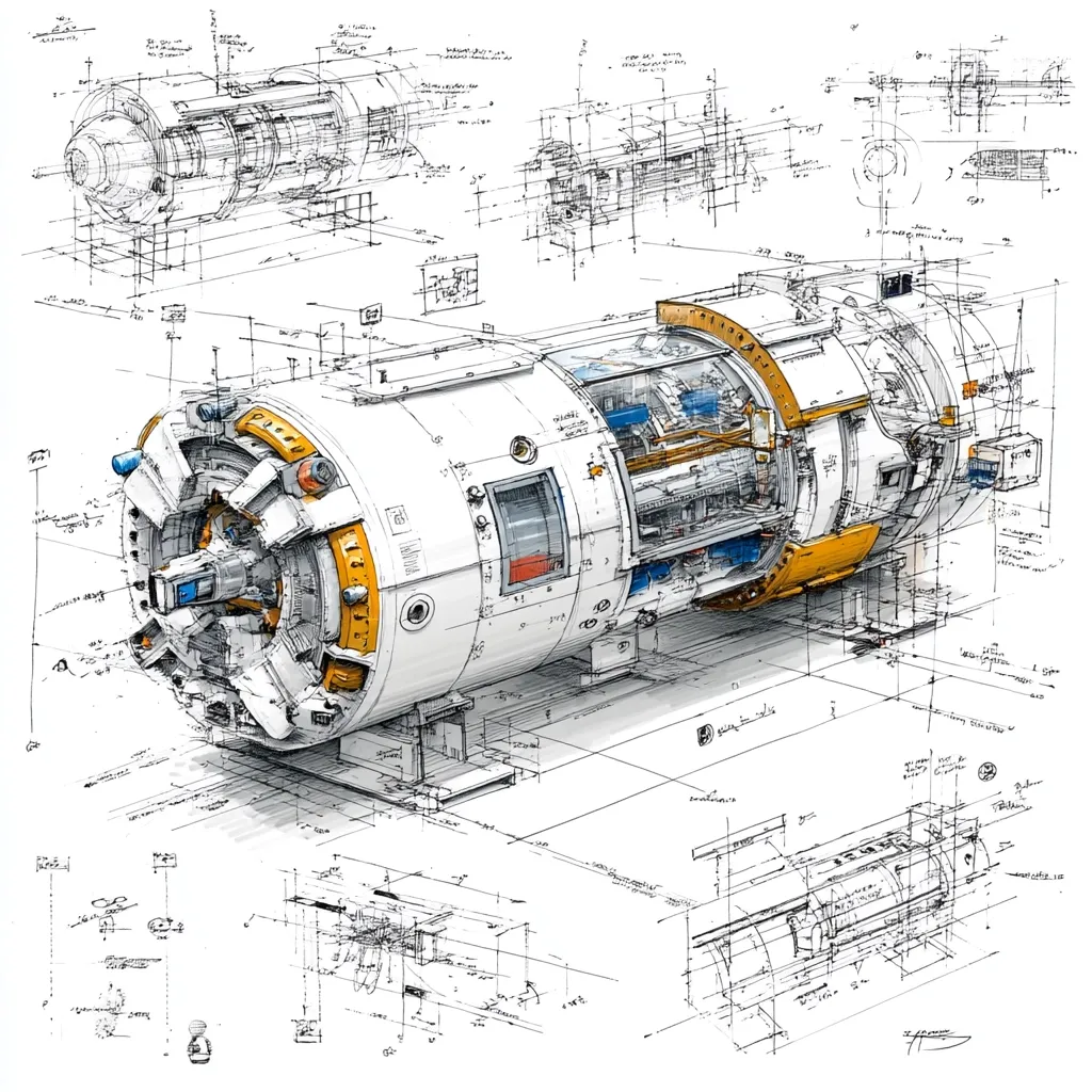 A detailed technical drawing showcases a complex cylindrical machine, possibly a tunnel boring machine or similar industrial equipment.  The illustration includes multiple perspectives and exploded diagrams, revealing intricate internal mechanisms and components.  Annotations and measurements are present throughout, suggesting a precise engineering design. The style is reminiscent of hand-drawn technical blueprints, with a blend of sketching and precise linework.