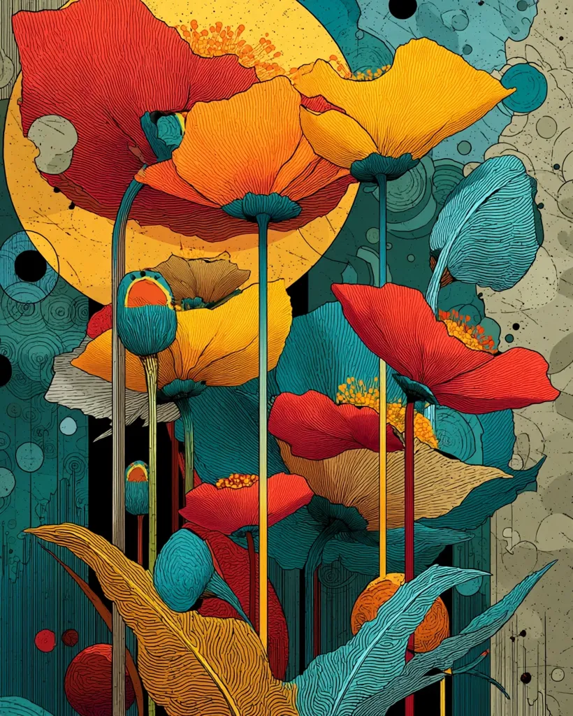 A vibrant illustration showcases a cluster of stylized poppies in a bold color palette.  Reds, oranges, and teals dominate the flowers, set against a backdrop of textured circles and lines. The poppies' stems are long and slender, creating a vertical emphasis.  Intricate linework defines each petal, giving the artwork a detailed and almost graphic quality. The overall style is reminiscent of art nouveau or art deco.