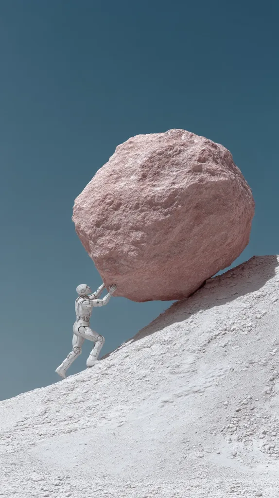 A robotic figure, clad in white, is depicted pushing a large, light-pink boulder uphill against a stark blue sky. The scene is minimalist, with the focus on the robot's Herculean effort and the contrast between the robot's pale color and the rock's soft pink hue. The sandy, white hill adds to the image's desolate yet powerful aesthetic.  The image suggests themes of challenge, perseverance, and the capabilities of artificial intelligence.