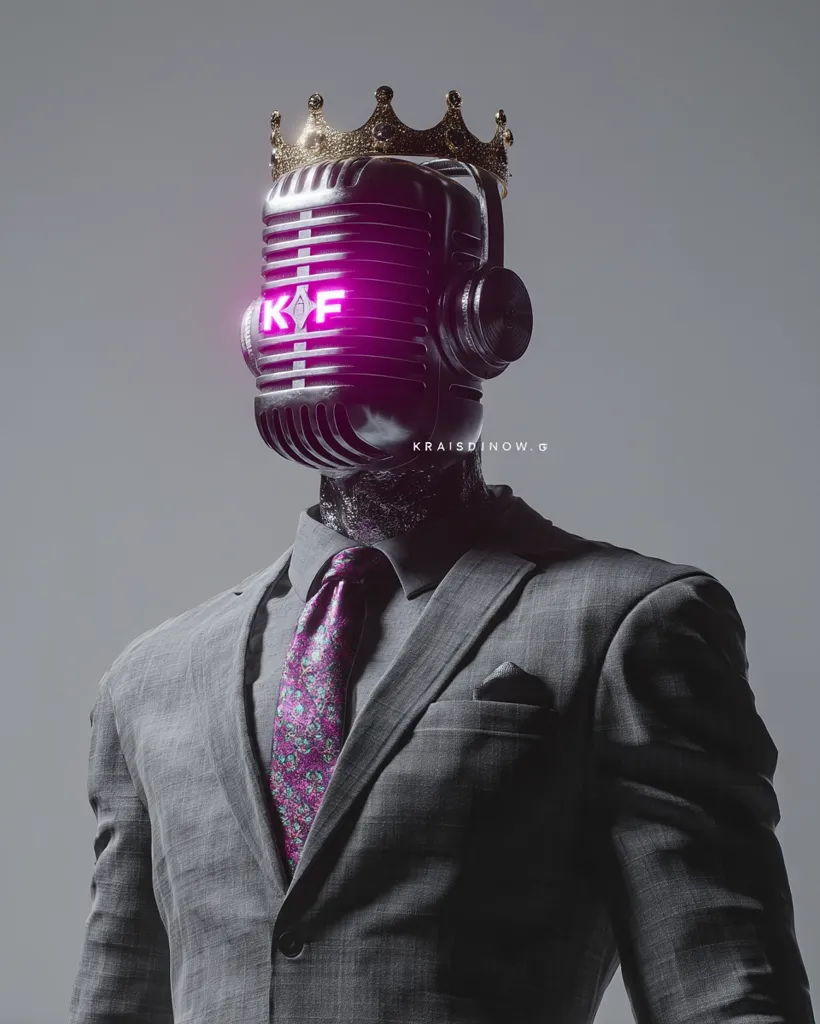 A digital rendering depicts a figure in a gray suit and tie, its head replaced by a vintage microphone crowned with a golden crown.  The microphone glows with a pink "KF" emblem. The image presents a surreal, stylized portrait blending classic attire with futuristic technology and a regal touch. The overall aesthetic is dark, sophisticated, and slightly ominous.
