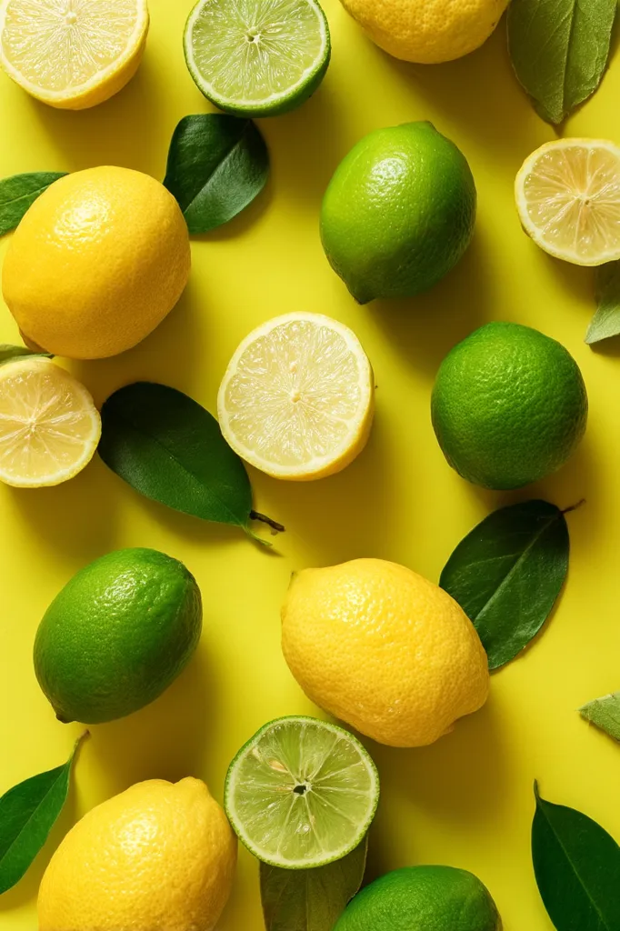 A vibrant overhead shot showcases whole and halved lemons and limes artfully arranged on a bright yellow background.  Green leaves are scattered amongst the citrus fruits, adding a touch of freshness. The juicy lemons and limes, some cut in half to reveal their bright interiors, create a visually appealing and appetizing display.  The overall composition suggests a refreshing and zesty theme.