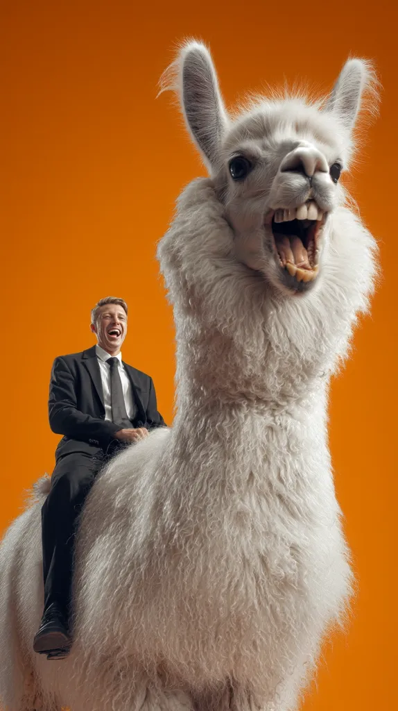 A businessman in a suit sits atop a large, fluffy white llama against a vibrant orange background.  The llama's mouth is wide open in a comical expression, while the man laughs. The image is humorous and surreal, juxtaposing the formal attire with the unusual mode of transportation.  The overall tone is lighthearted and playful.