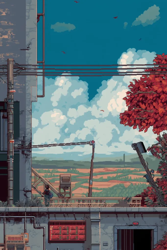 A pixel art scene depicts a weathered building overlooking a tranquil countryside.  A lone figure stands on a rooftop, gazing out at a landscape of rolling hills under a partly cloudy blue sky.  A vibrant red tree stands in contrast to the muted tones of the building and landscape.  Power lines stretch across the scene, adding to the atmospheric detail. The overall aesthetic is nostalgic and peaceful.