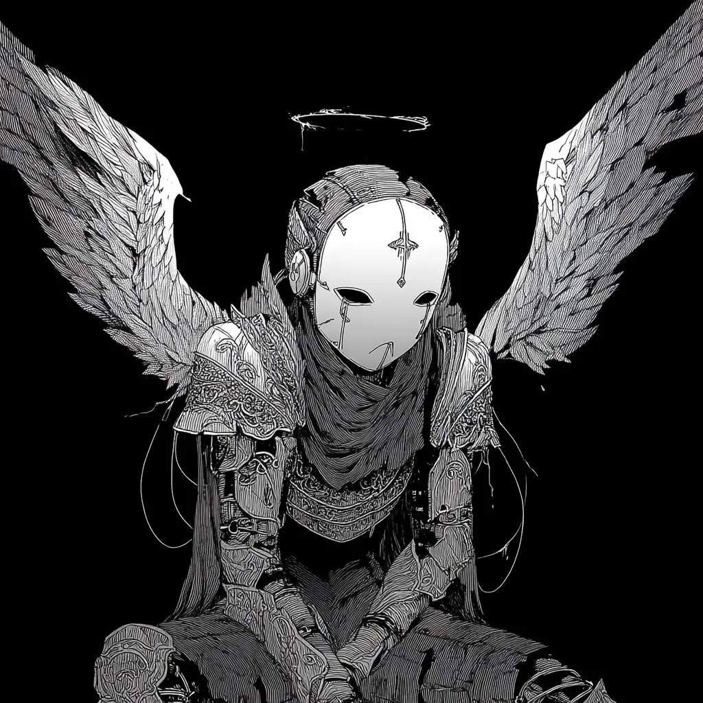 A monochrome illustration depicts a fallen angel, cloaked in ornate armor and a mask, its large wings spread behind.  The angel possesses a halo, adding to its celestial yet melancholic aura.  The detailed linework creates a sense of intricate detail and a somber, almost sorrowful mood. The figure's pose suggests weariness or defeat, emphasizing a sense of loss and introspection.