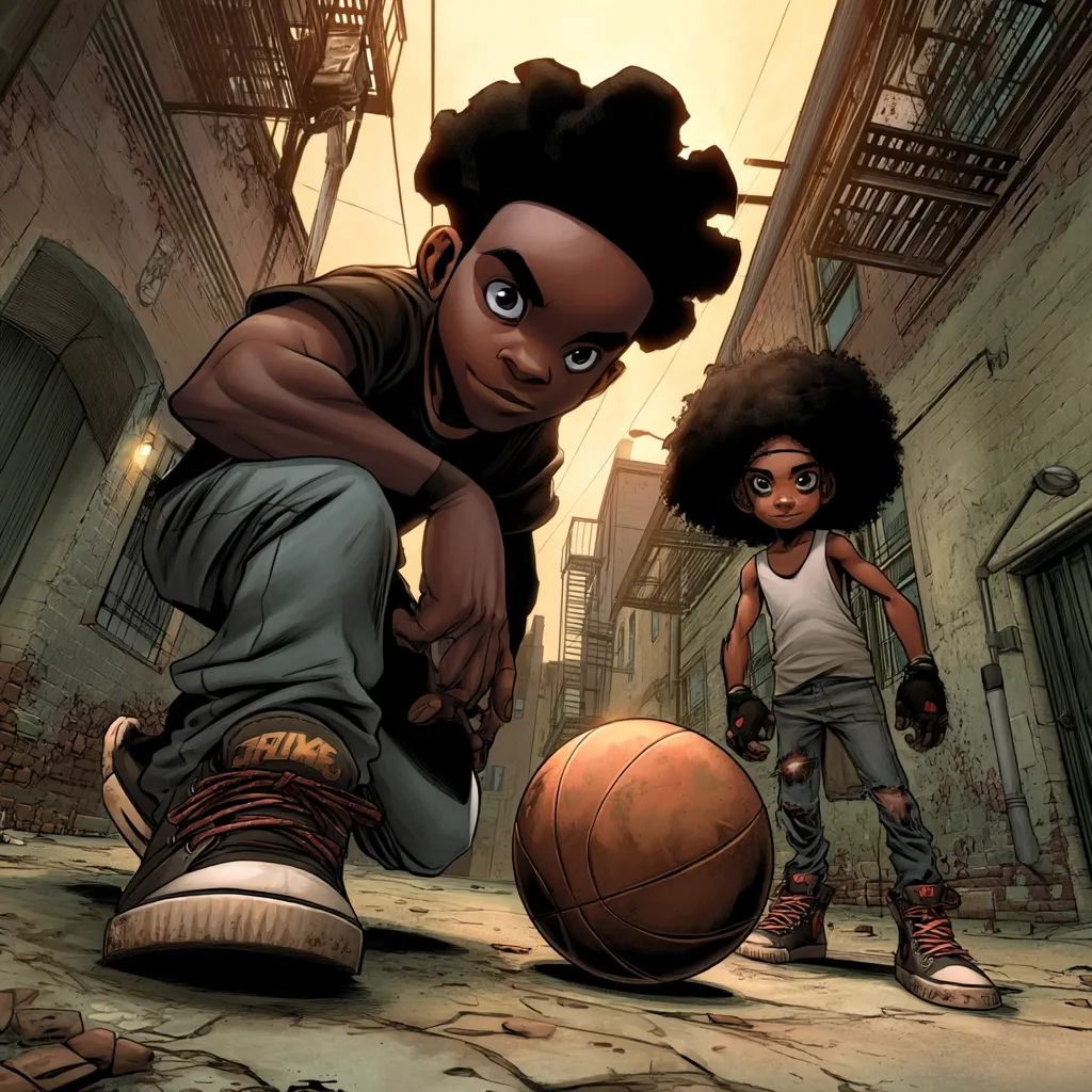 Two young Black boys, one crouching and one standing, are positioned around a basketball in a narrow alleyway.  The alley is urban and gritty, with brick buildings and fire escapes. The boys are depicted in stylized cartoon fashion, wearing casual clothes and sneakers. The overall atmosphere suggests a scene of youthful energy and urban life.