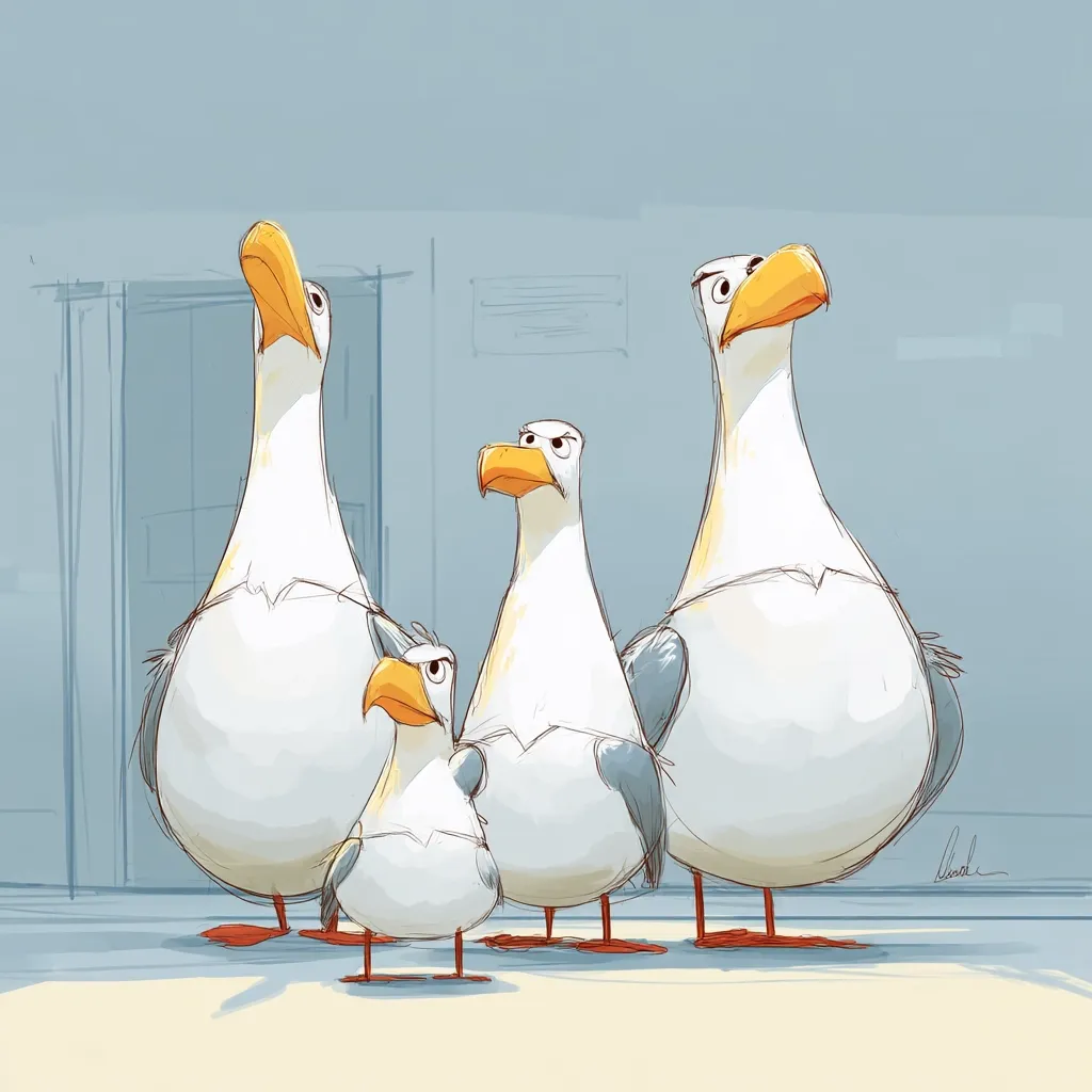 A whimsical illustration depicts four cartoon seagulls standing in a row, their expressions ranging from serious to slightly disgruntled.  The largest two are positioned on either side of a slightly smaller pair.  They appear to be a family, possibly waiting or observing something, against a muted blue background suggesting an indoor or sheltered setting.  The style is loose and sketchy, emphasizing character rather than photorealistic detail.