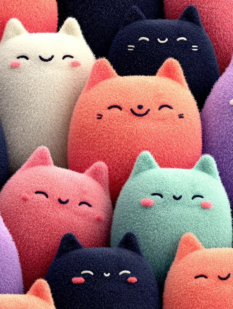 A cluster of fluffy, cartoonish cat plushies in various pastel colors.  Each plush cat has a simple, happy face with closed eyes and rosy cheeks. The colors include coral, mint green, light purple, white, and dark gray. The texture appears soft and cuddly.  They are densely packed together, creating a cheerful and whimsical scene.