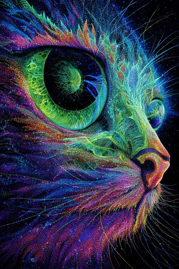 A vibrant, close-up illustration of a cat's face.  The artwork is rendered in a multitude of iridescent colors, creating a psychedelic effect.  Each whisker and strand of fur is meticulously detailed, giving the impression of a cosmic nebula swirling around the cat's eye, which glows with an ethereal green light. The overall style is highly textured and detailed, resembling intricate embroidery or stippling.
