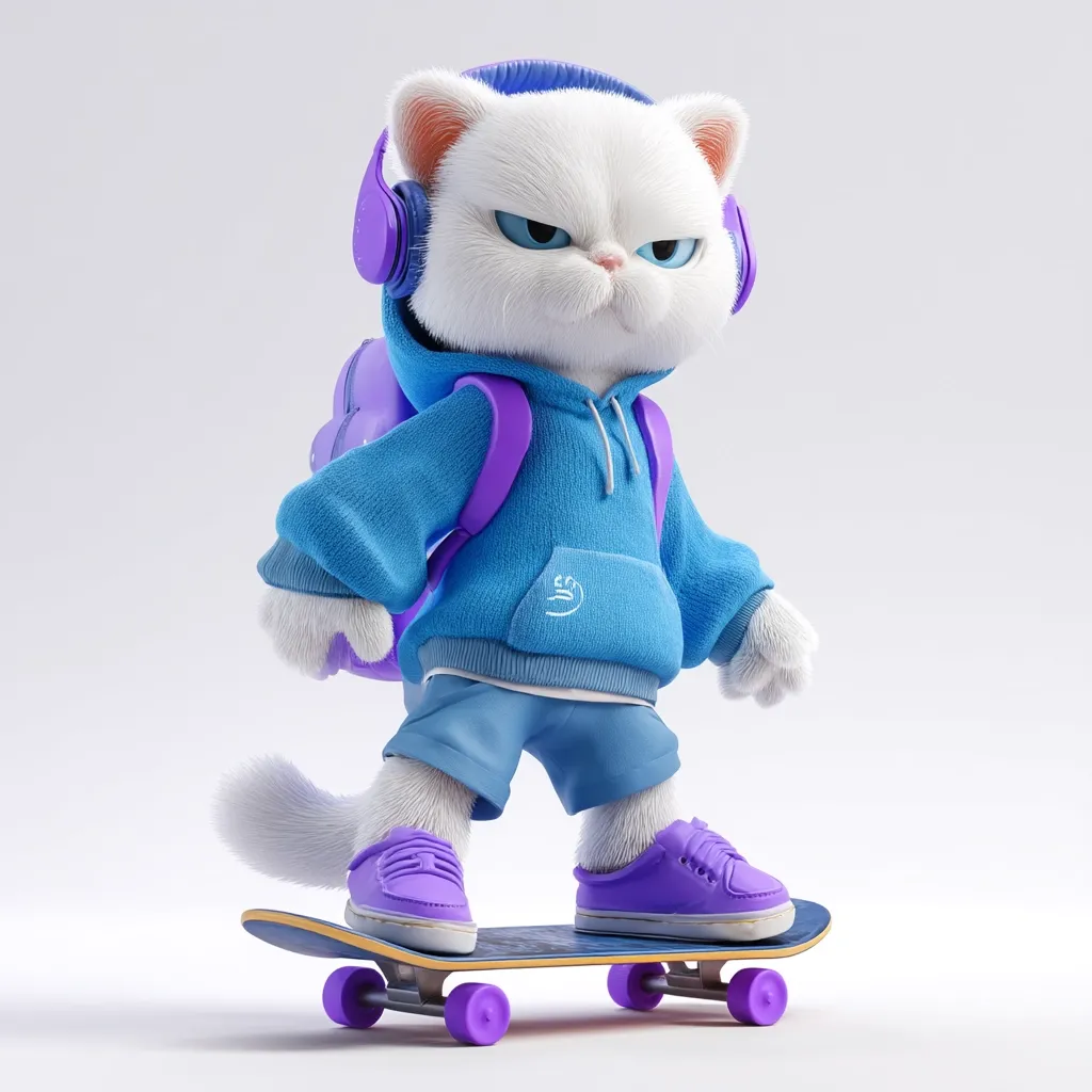 A cute, grumpy-looking white cat character, wearing purple headphones and a blue hoodie, carries a purple backpack and rides a purple skateboard.  The cat's attire is stylish and youthful, suggesting a playful and trendy personality. The image is rendered in a 3D style, with realistic fur texture and attention to detail in the clothing and accessories.