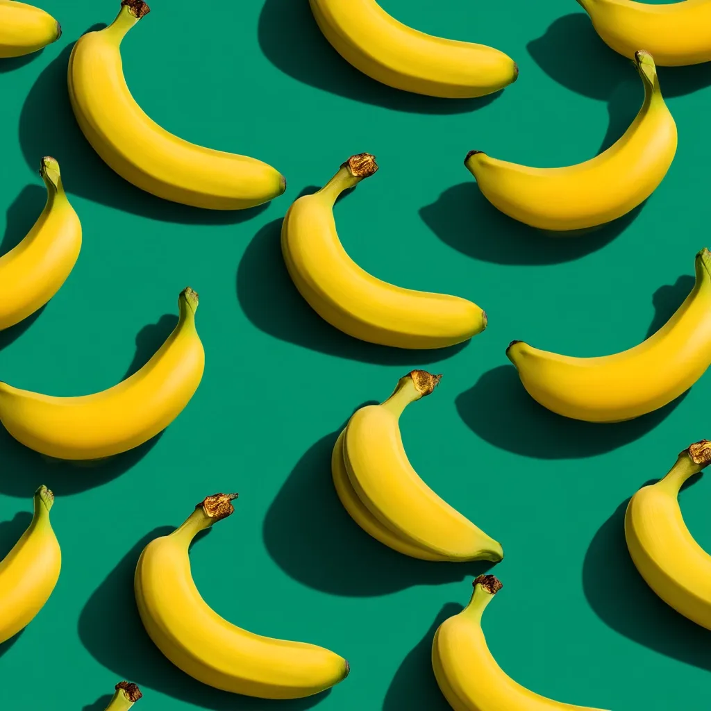 A vibrant pattern of ripe yellow bananas arranged on a teal background. The bananas are positioned in various orientations, creating a visually appealing, repetitive design.  Shadows cast by the bananas add depth and contrast to the image, enhancing its playful aesthetic. The overall composition is clean, modern, and suggestive of healthy eating or tropical themes.