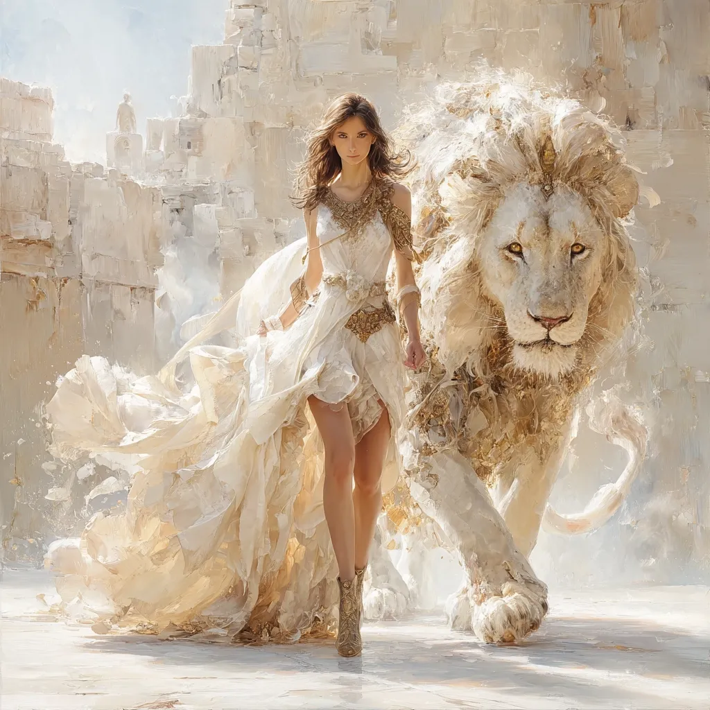 A woman in a flowing white gown adorned with gold accents walks confidently alongside a majestic white lion.  The ethereal scene is set against a backdrop of a sun-drenched, ancient city.  The woman's dress billows dramatically, creating a sense of movement and grace.  The lion's gaze is steady and powerful, suggesting a bond between the two figures.  The overall style is romantic and fantastical.