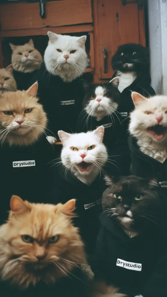 A group of cats, dressed in black hoodies with "Drystudio" logos, sit together.  The cats are various breeds and colors, including white, black, orange, and calico. They appear to be posing for a photograph, with serious expressions on their faces. The background features a dark wooden cabinet.