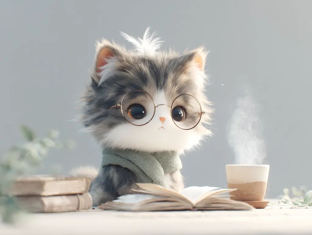 A fluffy gray and white kitten, wearing round glasses and a sage green scarf, sits attentively at a table.  A steaming cup sits beside an open book and a stack of old books.  The scene is soft and serene, with a muted color palette and a tranquil atmosphere. The kitten appears to be engrossed in its reading.