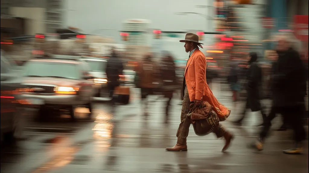 A man in an orange coat and hat strides purposefully through a busy city street.  Rain slicks the pavement, and the background blurs with motion, suggesting a fast-paced urban environment.  He carries a large satchel, his gait confident amidst the rushing cars and hurrying pedestrians. The overall mood is one of dynamic movement and individual style against a backdrop of urban anonymity.
