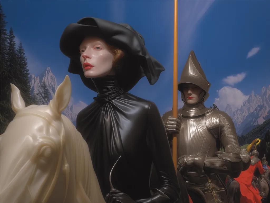 A woman in a black, high-collared,  cloak-like dress and wide-brimmed hat stands beside a white horse.  A knight in gleaming silver armor holds a long spear, positioned behind her.  A mountainous landscape forms a dramatic backdrop under a bright blue sky. The scene evokes a surreal, artistic interpretation of historical or fantasy elements.