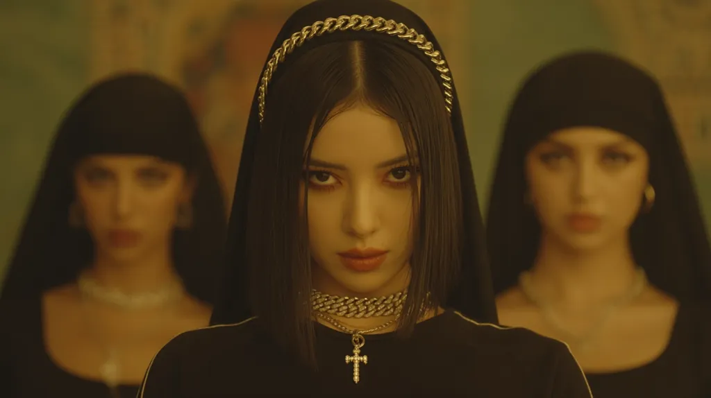A young woman with dark hair, wearing a black hooded garment and a gold chain headband, is the central focus.  She sports a chunky gold chain necklace with a cross pendant.  Two similarly dressed women are blurred in the background, flanking her, creating a symmetrical composition. The overall aesthetic is dark and slightly gothic.  The lighting is muted, with a yellowish tint.
