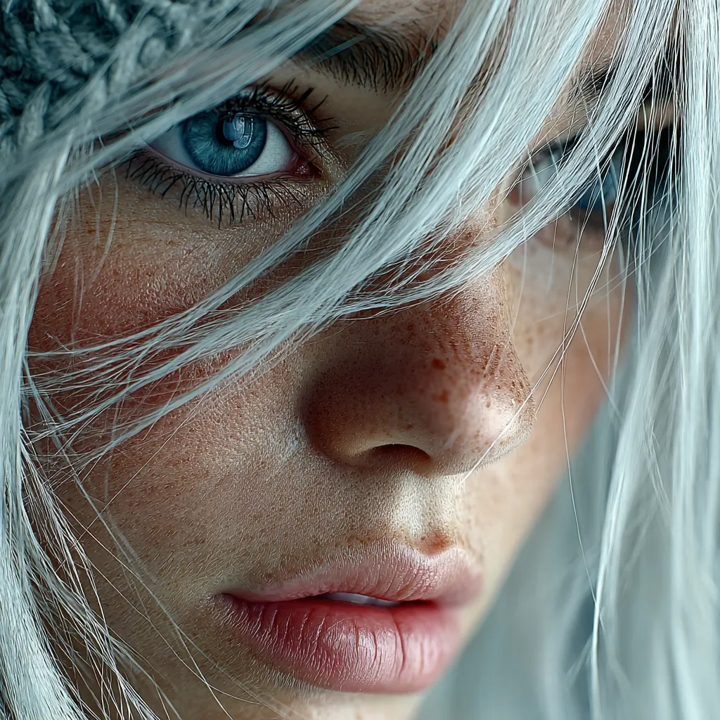 Close-up of a woman's face, partially obscured by her long, wispy white hair.  Her bright blue eyes are visible, and her face is speckled with freckles.  She wears a gray knit hat, and her lips are slightly parted. The image has a soft, ethereal quality. The focus is on her eyes and the texture of her skin.