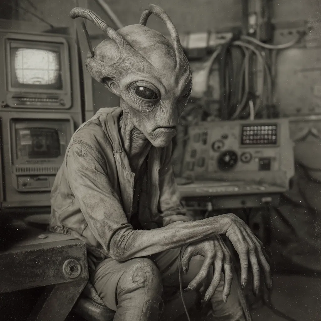 A grayscale image depicts a humanoid alien with gray skin, large eyes, and long, clawed fingers.  It sits pensively in a dimly lit, cluttered room filled with vintage-looking technology, including old monitors and control panels. The alien's posture and the aged aesthetic of the setting create a melancholic, science fiction atmosphere.  Dust and grime accentuate the aged feel of the scene.
