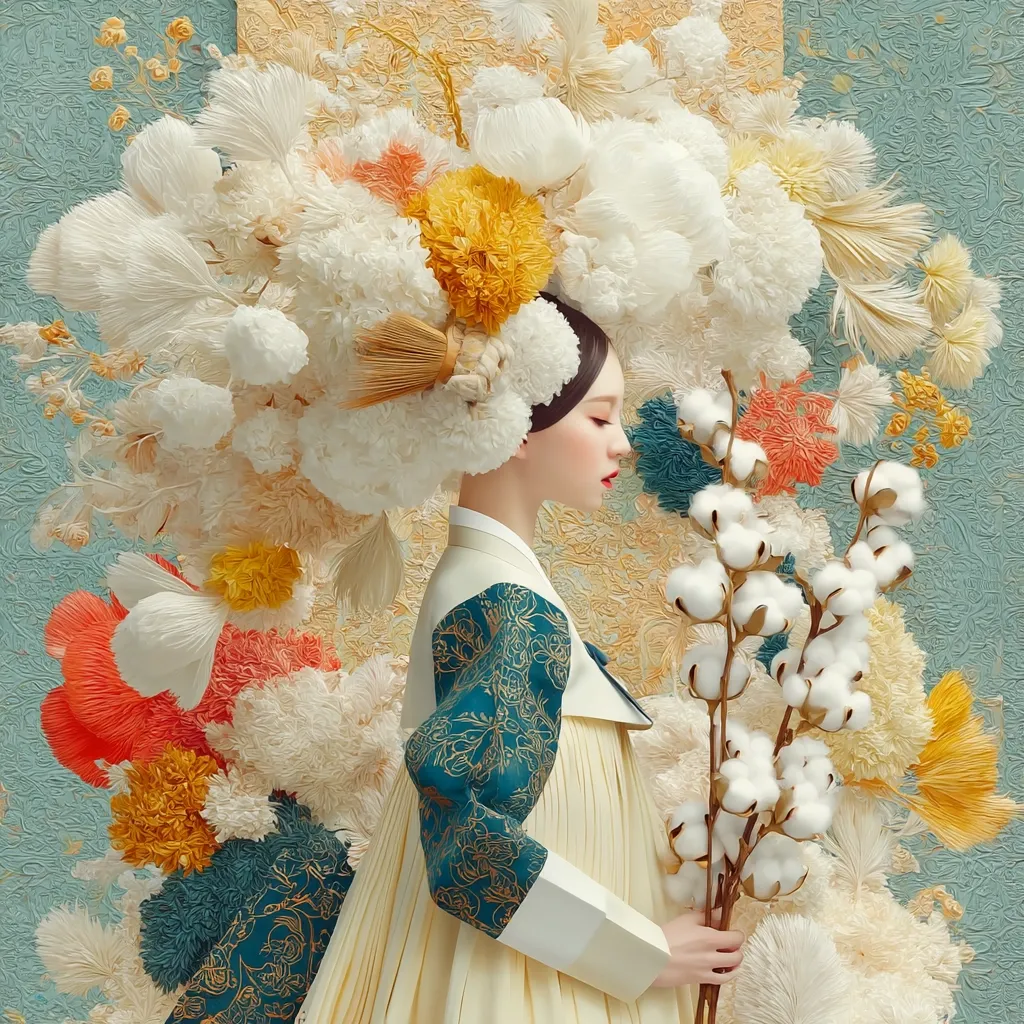 A woman in a traditional Korean Hanbok stands amidst a vibrant floral arrangement.  Her elaborate hairstyle is adorned with a crown of white, orange, and yellow flowers. She holds a bouquet of cotton blossoms. The background features a textured teal and gold pattern, creating a visually striking and artistic composition. The overall aesthetic is one of elegance and serenity, highlighting the beauty of both the woman and the flowers.