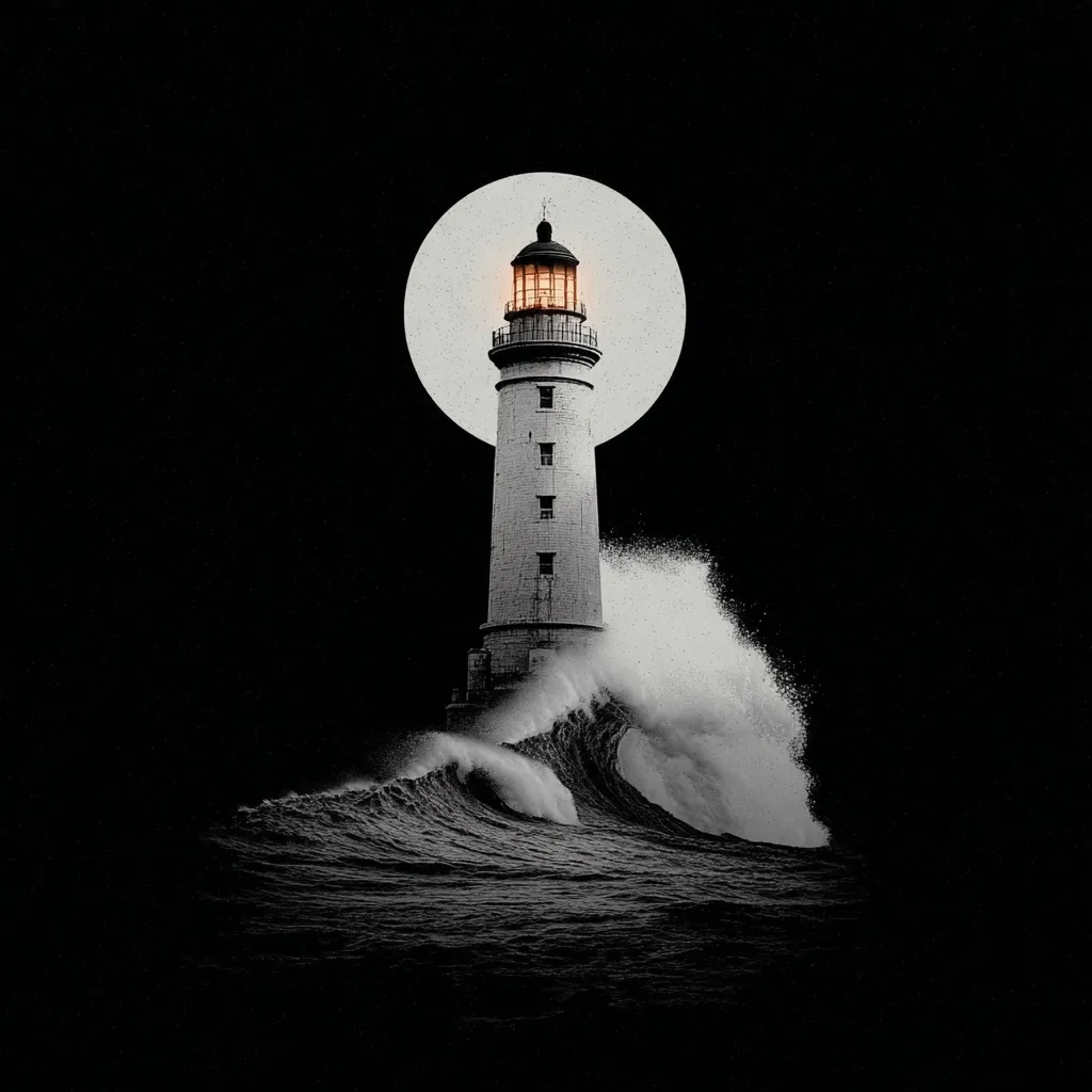 A solitary lighthouse stands tall against a backdrop of a full moon and crashing waves.  The monochrome palette emphasizes the dramatic contrast between the beacon's steady light and the turbulent sea. The scene evokes a sense of resilience and hope amidst adversity, a symbol of guidance in stormy weather.  The textured background adds a gritty, atmospheric quality to the image.