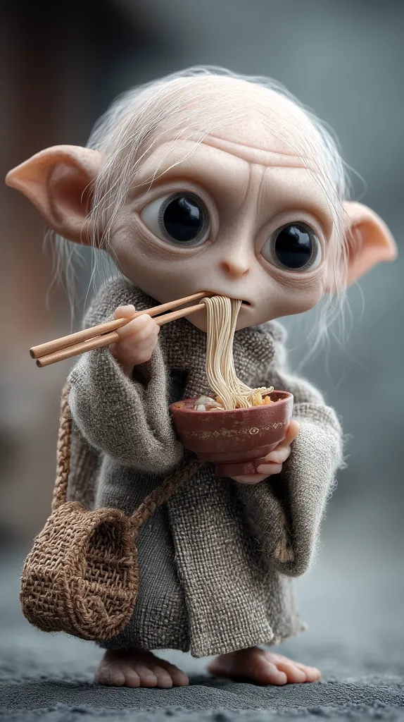 A whimsical, elderly-looking elf-like creature with large eyes and gray hair is depicted enjoying a bowl of noodles.  Wearing a simple gray robe and carrying a small woven bag, the figure delicately uses chopsticks to eat. The image is rendered in a highly realistic style, creating a captivating and slightly melancholic mood. The creature's expression is one of quiet contentment.