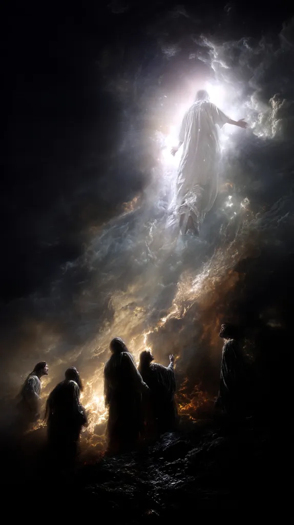 A radiant figure, possibly Jesus Christ, ascends into a heaven filled with bright clouds and dark storm clouds. Below, a group of silhouetted figures, perhaps disciples, look up in awe and wonder, their faces slightly illuminated by the divine light above. The scene is dramatic and evokes feelings of ascension, faith, and the sublime.  The contrast between light and dark emphasizes the spiritual contrast between the earthly and heavenly realms.