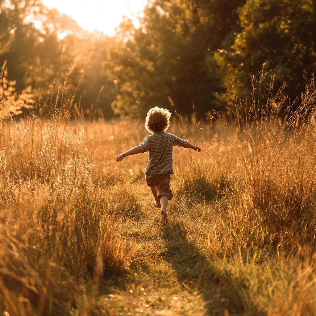 A young child with blond hair runs barefoot through a tall, golden field at sunset.  The sun shines brightly behind them, illuminating the tall grasses and casting a warm glow.  The child's arms are outstretched, suggesting freedom and joy as they run towards the setting sun. The scene evokes a sense of carefree childhood and the beauty of nature.