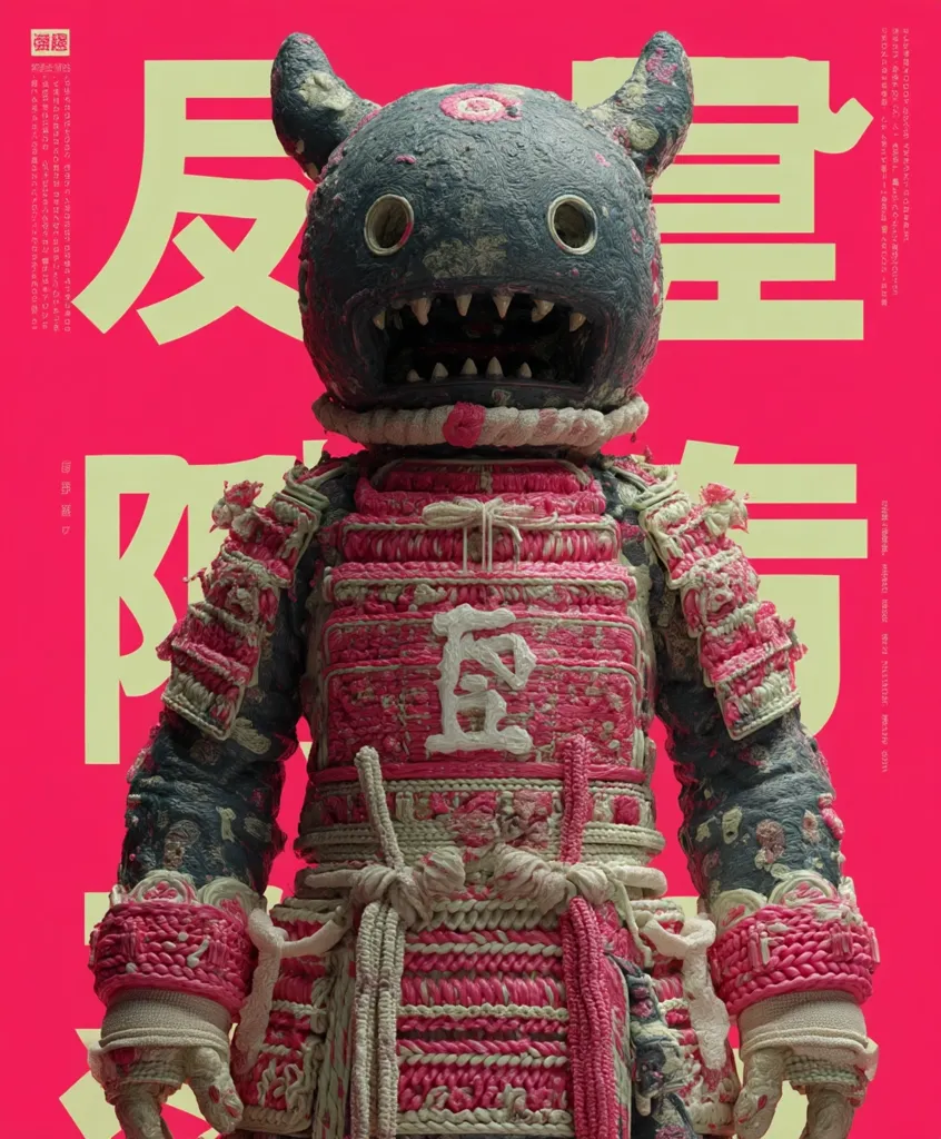 A digital artwork depicts a creature resembling a demonic samurai.  Its head is a dark, textured mask with sharp horns and teeth, while its body is clad in intricately detailed armor, seemingly crafted from pink and off-white yarn or fabric. The background is a vibrant red, with stylized Japanese characters. The overall style is surreal and blends cute with menacing elements.  The texture is heavily emphasized, giving the piece a tactile quality.