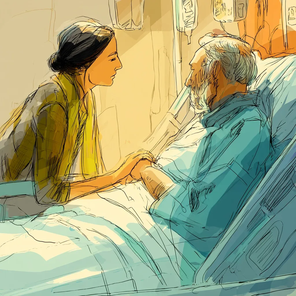 A young woman tenderly holds the hand of an elderly man lying in a hospital bed.  She leans over him, showing concern and compassion. The scene is rendered in a soft, painterly style, with warm, light tones emphasizing the intimacy of the moment.  Medical equipment is visible in the background, subtly hinting at the hospital setting.  The overall feeling is one of quiet care and connection.