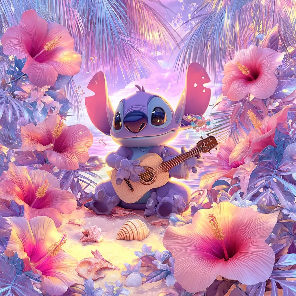 Stitch, the adorable Disney alien, sits serenely on a beach at sunset, strumming a ukulele.  He's surrounded by vibrant, pastel-colored hibiscus flowers and lush tropical foliage.  The scene is peaceful and dreamy, with soft lighting and a whimsical atmosphere. Seashells are scattered on the sand at his feet, adding to the tranquil beach setting.