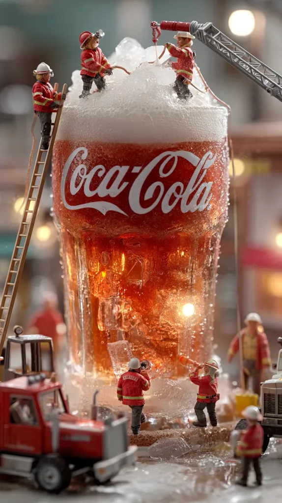 Miniature firefighters work around a giant Coca-Cola glass encased in ice.  They use ladders, hoses, and a small crane to seemingly rescue the fizzy drink.  The scene is highly detailed, with miniature firetrucks and other equipment surrounding the icy Coca-Cola. The background suggests a city setting, enhancing the playful contrast of scale.