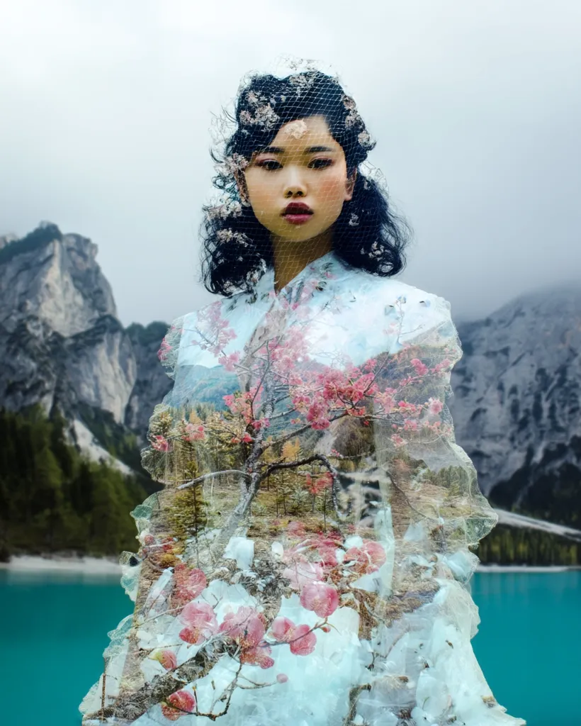 A young woman with dark hair, wearing a light-colored dress and a veil adorned with delicate blossoms, is the focus of a double-exposure photograph.  The image overlays a serene mountain lake and blossoming trees onto her form, creating a mystical and ethereal effect.  The mountains in the background rise majestically, adding to the dreamlike atmosphere. The overall mood is serene and otherworldly.