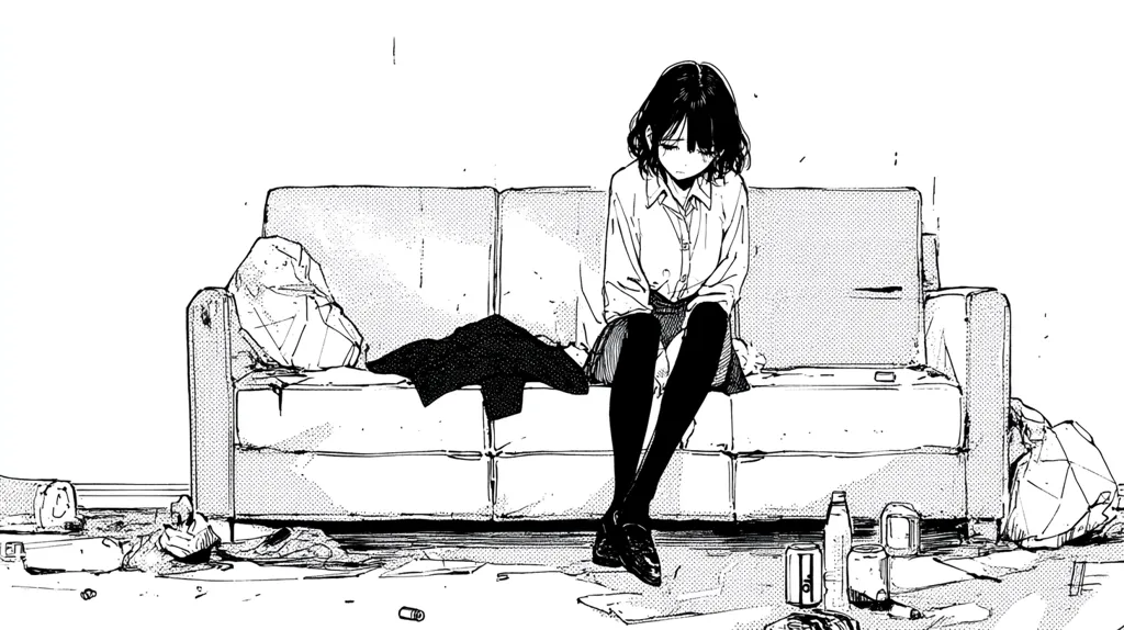 A monochrome illustration depicts a young woman with short hair, sitting pensively on a worn couch.  The room is messy, strewn with discarded clothes, crumpled papers, and empty cans.  Her posture and the surrounding clutter suggest a feeling of sadness or despair. The art style is reminiscent of manga, with a focus on linework and shading.