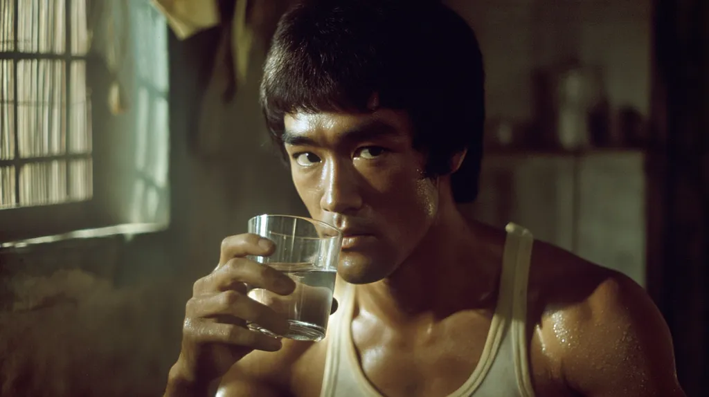 A close-up shot depicts Bruce Lee, his dark hair neatly cut, intently looking at the camera while holding a glass of water to his lips.  Sweat glistens on his muscular shoulders and chest as he wears a simple white tank top. The background is dimly lit, suggesting a humble, possibly post-workout setting. The overall mood is intense and focused.