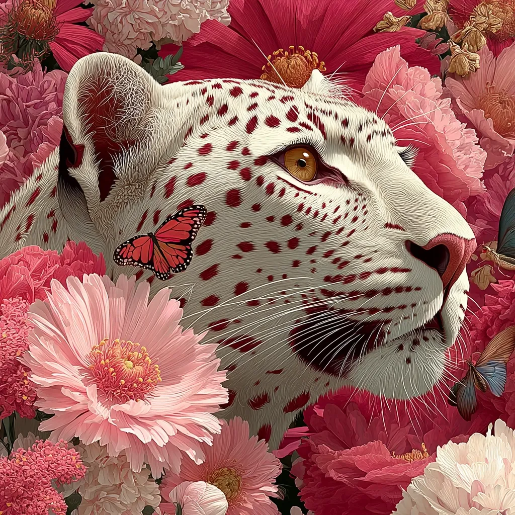 A close-up illustration showcases a snow leopard's head and shoulders nestled amidst a vibrant array of pink and red flowers.  The leopard's fur is predominantly white, adorned with crimson spots.  Delicate butterflies flutter nearby, adding to the whimsical, floral scene. The image is rich in detail and contrasts the elegance of the animal with the softness of the blossoms.