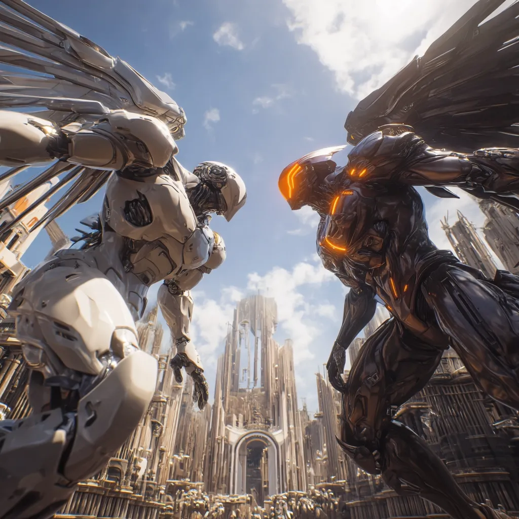 Two colossal robotic figures, one white and one dark, stand poised for confrontation.  Each possesses large, wing-like appendages. They face each other against a backdrop of a majestic, decaying city with tall, ornate spires.  The scene suggests a powerful conflict or impending battle between these advanced mechanical beings. The contrast between light and dark enhances the dramatic tension.
