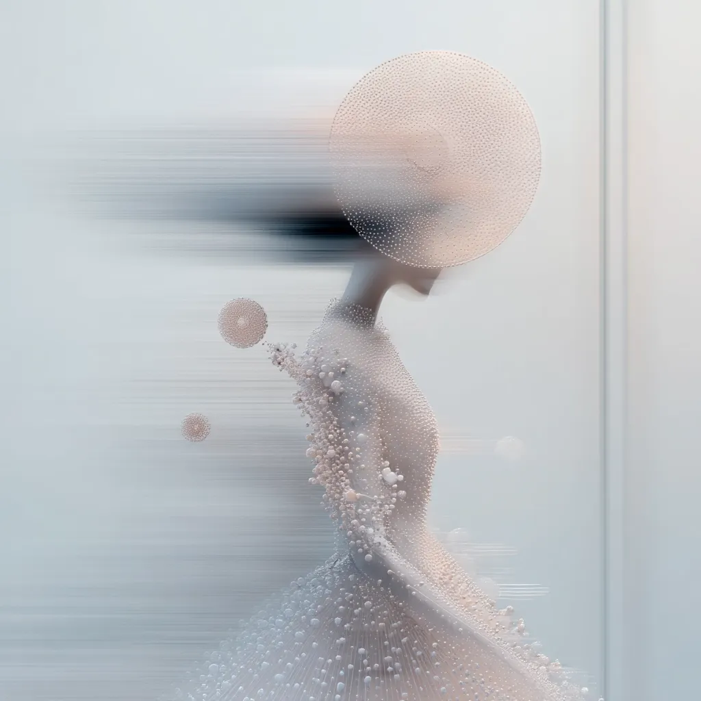 A motion-blurred image depicts a woman in a pearl-embellished gown and a large, circular hat.  The dress and hat are adorned with countless small, light-colored beads.  The background is a soft, light gray, suggesting a minimalist and elegant setting. The overall effect is ethereal and dreamlike, emphasizing the delicate beauty of the attire and the woman's graceful movement.