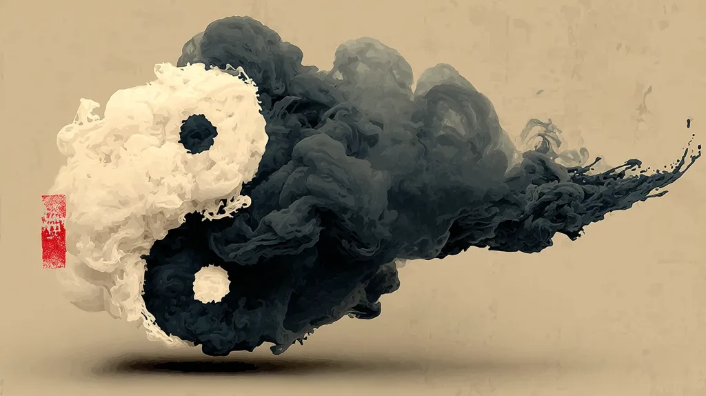 A yin and yang symbol is depicted as swirling clouds of black and white ink. The black ink trails off to the right, suggesting movement and fluidity.  The image has a vintage, artistic feel, enhanced by a textured beige background and a small red stamp to the left. The contrasting colors and dynamic forms symbolize balance and harmony, core concepts within the philosophy of yin and yang.