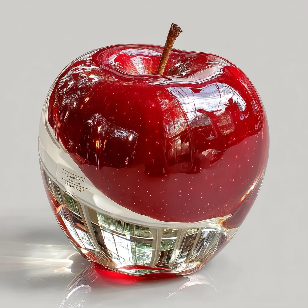 A meticulously crafted glass apple sculpture, gleaming with a rich, deep red hue.  The piece showcases exceptional detail, from the stem to the subtle reflections visible within its clear, glass base.  Tiny sparkles embedded within the red glass enhance its allure. The artist's signature is subtly etched near the base.  The overall effect is one of polished elegance and artful realism.