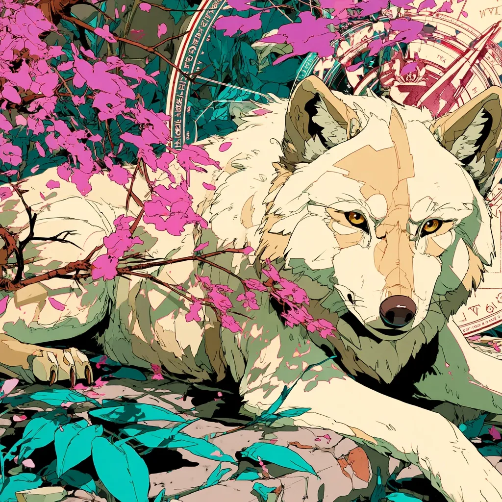 A stylized illustration depicts a light-tan wolf lying amidst vibrant pink blossoms and teal foliage. The wolf's gaze is direct and engaging, its fur rendered with soft shading.  A partially visible compass or map element adds a mystical feel to the background. The overall style is reminiscent of fantasy art, with bold colors and clean lines.