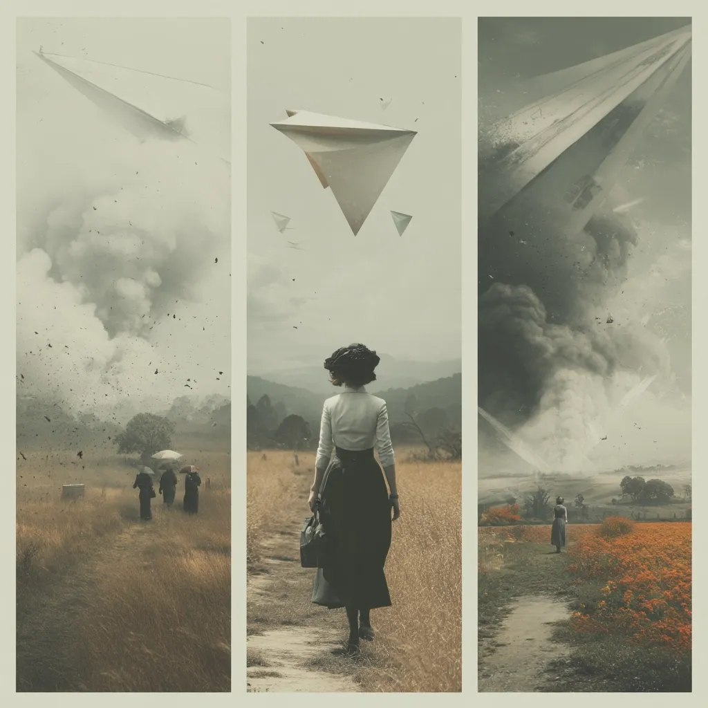 A triptych depicts a woman in vintage attire walking along three distinct paths.  Giant, geometric, flying objects loom in the sky above each path, creating a surreal, apocalyptic atmosphere.  The central panel shows the woman walking directly towards the viewer, while the side panels show other figures in the distance, suggesting a journey or exodus.  The overall tone is melancholic and mysterious.