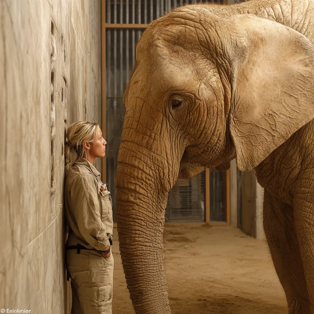 A blonde woman in khaki work attire stands beside a massive elephant in a large enclosure.  The woman faces the elephant, her gaze directed towards its eye.  The elephant's wrinkled skin and immense size dominate the image, creating a powerful juxtaposition between human and animal. The setting appears to be a zoo or sanctuary.  The overall mood is one of quiet contemplation and connection.
