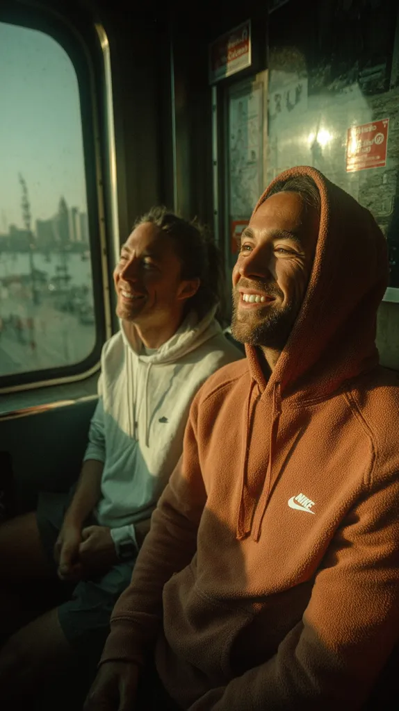 Two young men sit together on a train, sunlight illuminating them through a large window.  One wears a light-colored hoodie, the other a burnt orange Nike hoodie.  The cityscape outside is visible, blurred by the train's motion.  They appear relaxed and content, enjoying the journey. The atmosphere is calm and peaceful, capturing a moment of camaraderie.