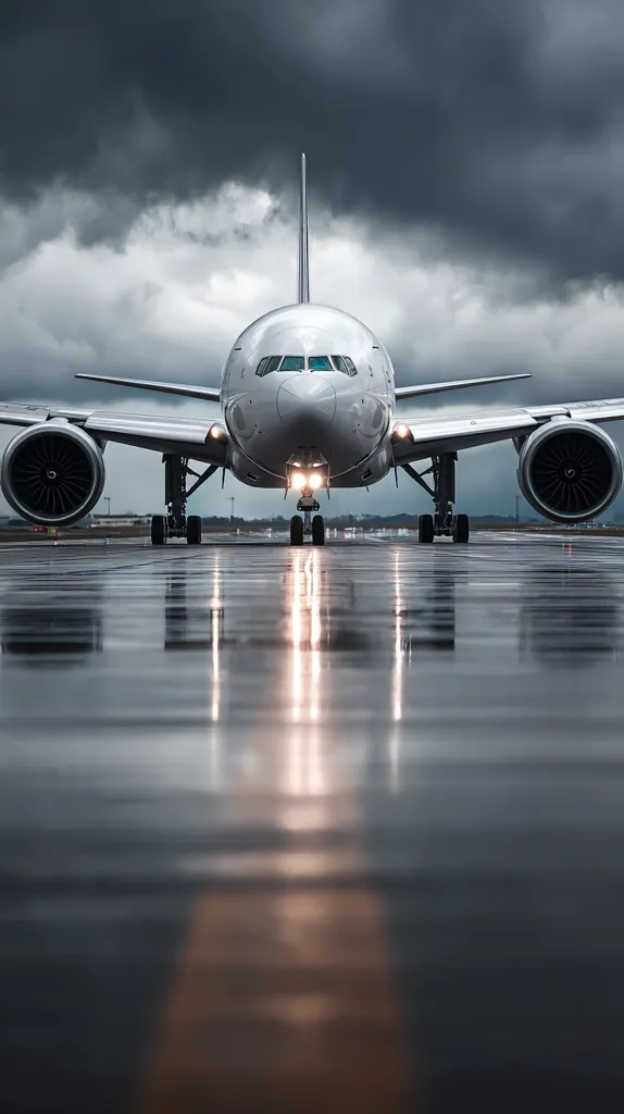A large passenger airplane sits on a wet runway under a dramatic, dark sky.  The aircraft's front is prominently featured, its lights reflecting on the glistening surface. The ominous clouds create a moody atmosphere, emphasizing the size and power of the plane.  The image is a powerful visual, suggesting travel, anticipation, or perhaps a journey into the unknown.
