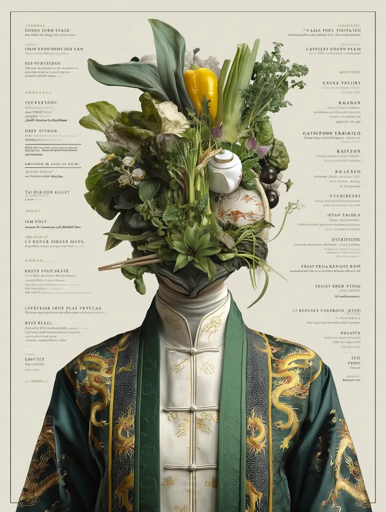 A stylized portrait depicts a person wearing an ornate green robe adorned with golden dragons.  Their head is replaced by a vibrant arrangement of various vegetables and herbs, including peppers, greens, and flowers.  Surrounding the image are columns of text in multiple languages, seemingly a menu or list of ingredients, suggesting a culinary or artistic theme. The overall aesthetic is a blend of traditional Asian attire and modern artistic expression.